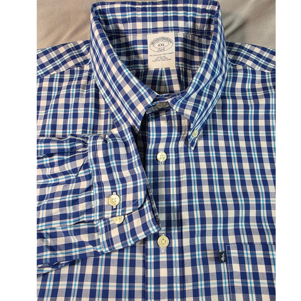 Brooks Brothers 346 Slim Fit Cotton Button Up Shirt Mens XXL Blue Plaid